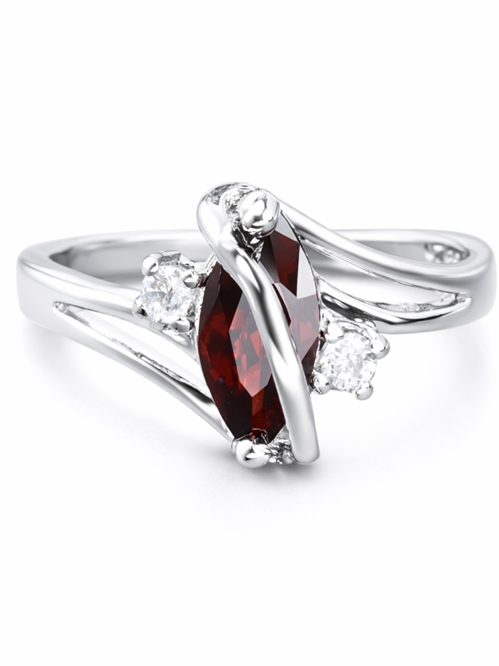 .925 Sterling Silver Garnet Marquise Ring with White Stone Accents